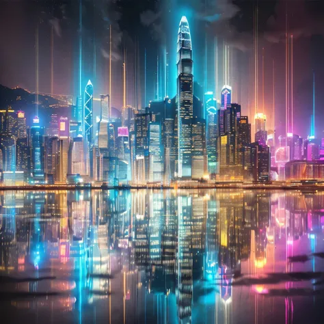 arafed view of a city skyline at night with a reflection in the water, kowloon cyberpunk cityscape, futuristic city backdrop, neon megacity in the background, vibrant city lights, photo of futuristic cityscape, kowloon cyberpunk, neon city in the backgroun...