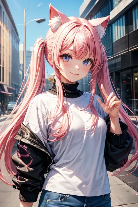 Best Quality, High Quality, Perfect Proportions, Cat Ears, Front View, Shiny Hair, Pink Hair, Twin Tails, Urban, Gradient Eyes, Sleek Bangs, Front View, Long Sleeves, White Jeans, Smiling, Autumn, Foliag