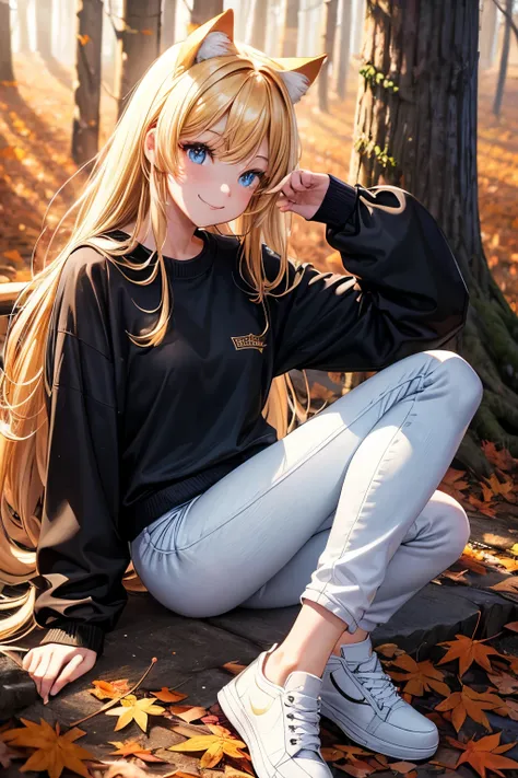 Best Quality, High Quality, Perfect Proportions, Cat Ears, Front View, Shiny Hair, Golden Hair, Forest, Sitting, Autumn Leaves, Gradient Eyes, Sleek Bangs, Front View, Long Sleeves, White Trainers, Jeans, Smiling, Fall,