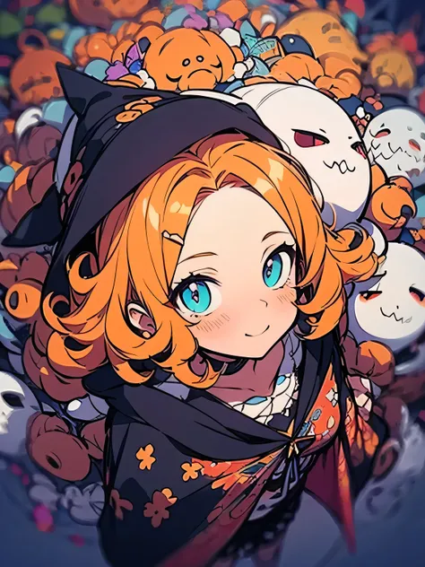 (from above),Alone,leaning foward,(looking at viewer:1.3),indian style,orange thin curly medium hair,big forehead,pumpkin hat,sexy far haloween bikini,witchs black cloak,bat、Ghost、wonderful haloween,dreaming world,(colorful image:1.2),(manga style),(sketch...