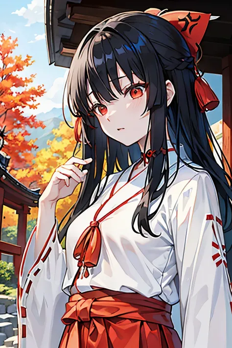 Shrine deep in the mountains　A dilapidated feeling　Shrine maiden　Character in front　Upper body close-up　Black Hair　Ginkgo Tree　Long Hair　White top　The bottom is red hakama