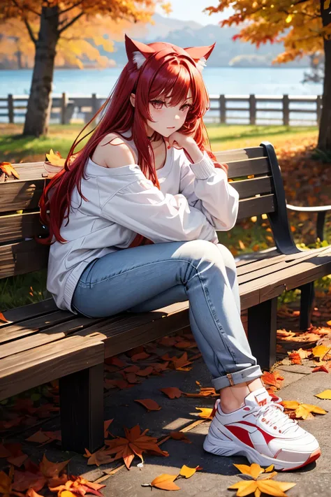 Top quality, high quality, perfect proportions, cat ears, shoulder length hair, back view, shiny hair, red hair, sitting, autumn leaves, gradient eyes, slender bangs, front view, long sleeves, white trainers, jeans, sea,