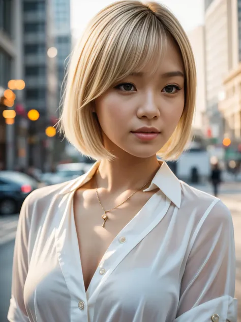 Curled bob cut, platinum hair woman in orange collared shirt posing to take photo in city, 8K artgerm Bokeh, well-proportioned body, beautiful korean woman, gorgeous necklace, beautiful young korean woman, soft portrait shot 8 K, korean girl, double and na...