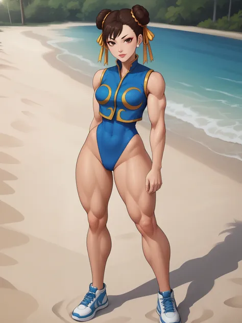 Chun-li. brown hair. odangos hairstyle is tied with ribbons.brown eyes. Big growth. athletic legs. very small breasts. huge, toned thighs. A Chinese acrobatic costume consisting of a tight-fitting jumpsuit, vest and sneakers. beach