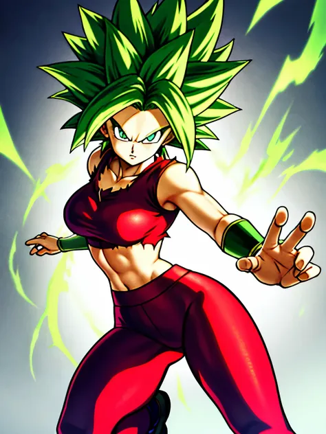 xyzkefla, super_saiyajin, green_hair, green_eyes, 1 , nailed_hair, energy, torn_clothes, joy, aura, leggings, red clothes, drama...