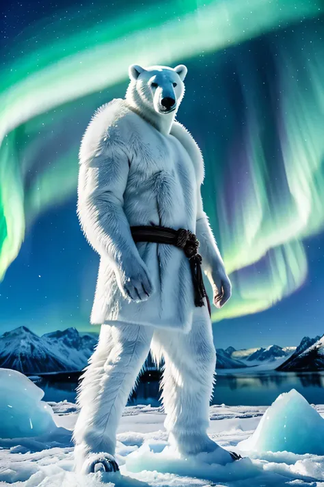 A man with the body of a polar bear, wearing a tunic made of snow and ice. He is on an ice covered mountain, conjuring winter storms, surrounded by ice creatures, like ice fairies and white wolves, as the northern lights shine above him.