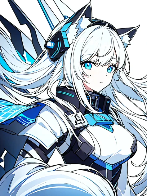 [(WHITE BACKGROUND:1.5),::5], (((masterpiece))), high quality, very_high_resolution, large_filesize, (upper body), 1girl, ((solo)), whitr hair, long hair, Blue eyes, science fiction, (mecha musume:1.2), ((wolf ear)),  headgear, mechanical Black Armor, Anim...