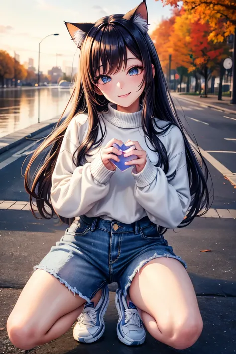 High Resolution, Perfect Human Structure, Focus on Background, Autumn, Long Sleeves, Sweater, Looking Up, Iridescent Hair, Shiny Hair, Cat Ear, Smiling Heart Shape Eyes, Side Bangs, Shiny Hair, Winking, Gradient Eyes, White Trainers, Fall, Jeans 
