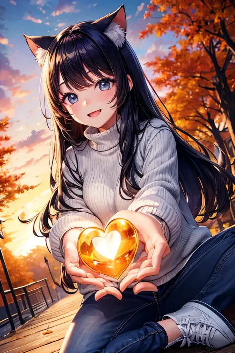 High Resolution, Perfect Human Structure, Focus on Background, Autumn, Long Sleeves, Sweater, Looking Up, Iridescent Hair, Shiny Hair, Cat Ear, Smiling Heart Shape Eyes, Side Bangs, Shiny Hair, Winking, Gradient Eyes, White Trainers, Fall, Jeans 
