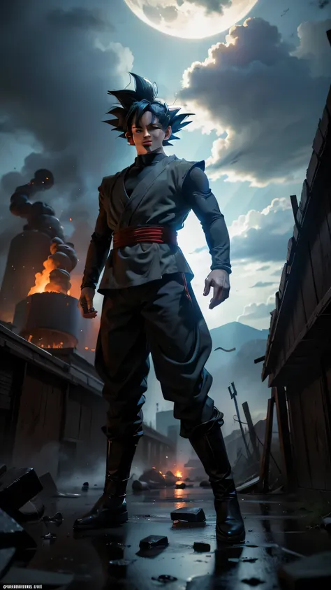 Create a scene with high resolution and incredible realism where the character Goku Black is levitating in the middle of an apocalyptic scene