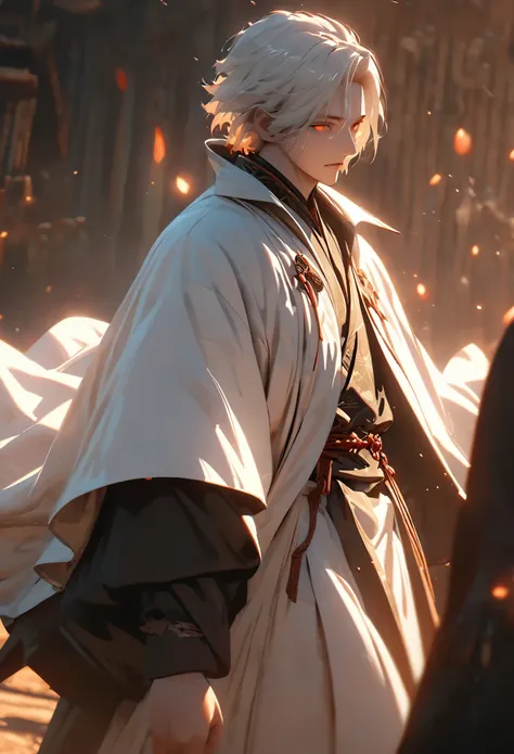 ((solo)), (male), orange eyes, ((white hair)), short hair, (elderly), tall, fit, strong, a close up of a person, detailed key anime art, casimir art, masamune shiro, masamune, handsome man in demon slayer art, heise jinyao, shadowverse style, (no logos), f...