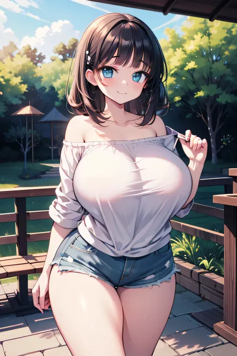 anime illustration、high resolution、a sad smile、a short, busty, chubby gal、natural parks、shaded gazebo、off-the-shoulder shirt、sho...