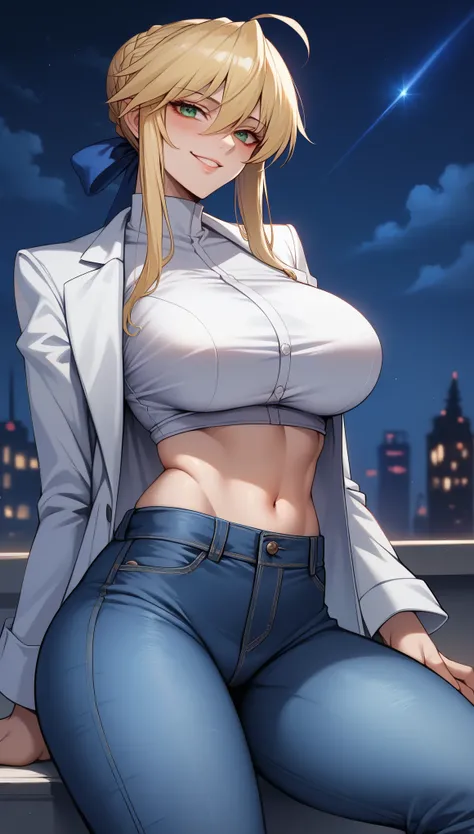 (best quality: 1.3), (4K quality), clean and beautiful face, a 1girl, (Blonde hair, big breasts, thin, bare belly, athletic curves, piercing no umbigo, wide thighs), stand up, posing, Lancer Artoria, ((white jacket, jeans)), erotic, manager, night time, sm...