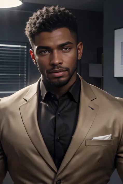 handsome black male with short hair, (((black man))), dark skin, in a landscape of a modern office, in a elegant suit, looking at the viewer, beautiful face, attractive face, model face, male face, detailed eyes, light brown eyes, eyes with a halo honey co...