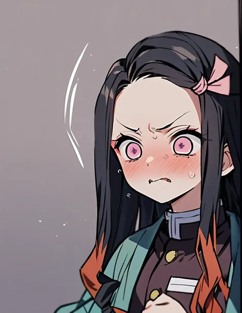 1girl, Alone, Nezuko Kamado , Kimetsu no yaiba, human, demon slayer uniform, blue haori, black stockings, angry, hes embarrassed  