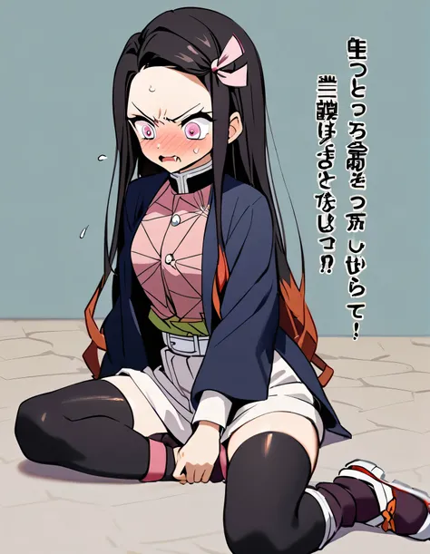 1girl, Alone, Nezuko Kamado , Kimetsu no yaiba, human, demon slayer uniform, blue haori, black stockings, angry, hes embarrassed  