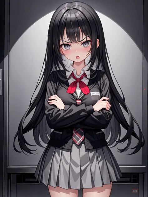 1girl, black hair, light grey eyes, school, absurdres, high res, ultrasharp, 8K, masterpiece, looking at viewer, short skirt, pouting, angry, schoolgirl, crossed arms, open mouth, short