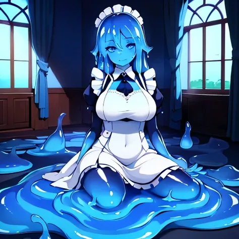  ((masterpiece,best quality,ultra-delicate,Perfect Face,16k,very detailed eyes,high resolution,very beautiful girl)),blue slime girl,high viscosity blue slime body,black and white maid dress:1.5,large breasts,,smile,indoor,melting legs,transparent,long hai...