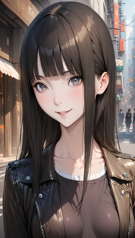 ((masterpiece,Best Quality:1.3,best quality illustrations,realistic)),close-up of face,portrait,1 woman,adult,straight long hair,black hair,(very small head:1.2),bangs,gray eyes,(gorgeous eyes),smile,very long body,small breasts,(Black leather rider jacket...