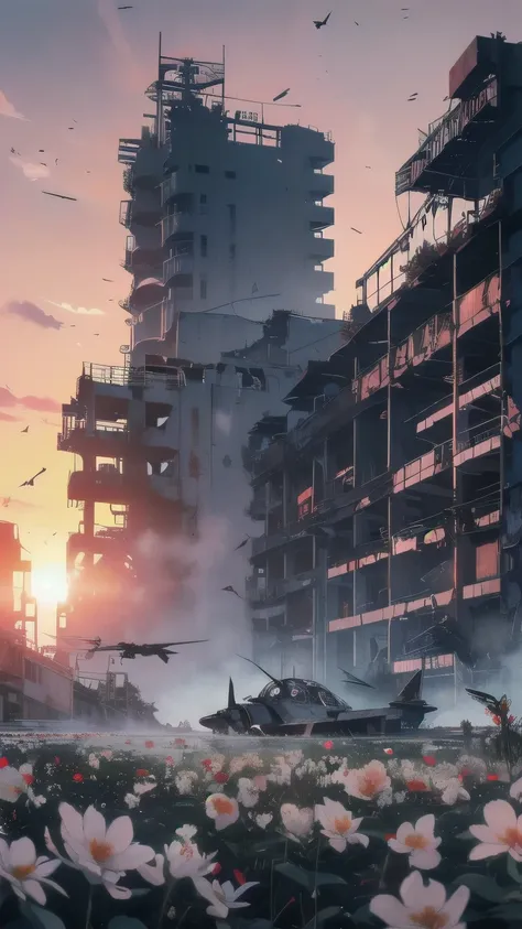 Detailed Machinery、Abandoned Factory、Atrium、White Floweeld、(((Crashed fighter plane)))、Pitch Black Night、Blue dark、Fog、Detailed Background、Top Quality、(((No humans)))、Broken and rusty fighter plane、(((Red Sunset)))、(((White flowers bloom on the building)))...