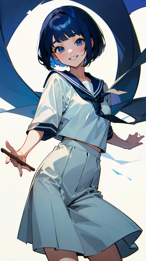 dark blue hair、bobcut、cowboy shot、smiling with teeth showing、white sailor suit、short-sleeved uniform、simple background、high imag...