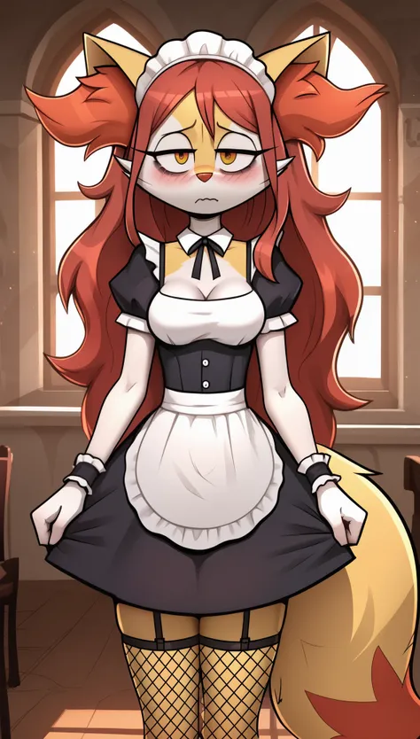 masterpiece, best quality, tired expression, 1girl, anthro, furry, fur, fluffy fur, braixen girl, furry, animal nose, eyes makeup, orange eyes, red hair, long hair, messy hair, looking at the viewer, medium breasts, thicc thighs, solo, detailed, solo, (man...