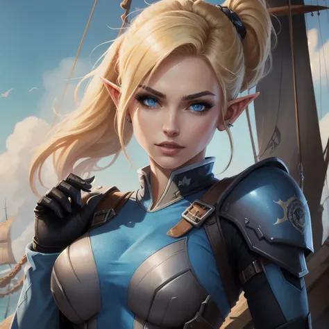 World of Warcraft, Jill Valentine STARS black operations police suit, seductive face with intense blue eyes, blonde, ponytail, elf ears with multiple piercings, black eyes make up, on a pirate ship