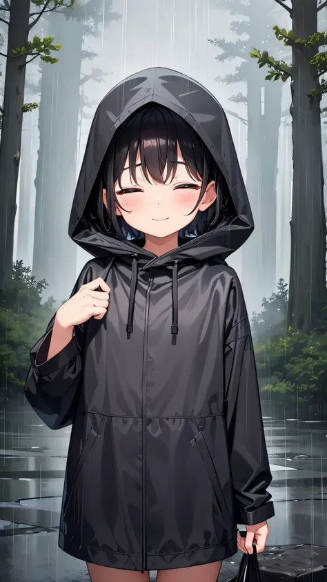 Little child girl 1,Short Hair,Black Hair,blush,smile,Wear a black hood,Raincoat,Wet,Eyes closed,Stand up,Dense forest,rain,cloudy,fog,Cowboy Shot,