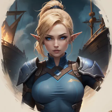 World of Warcraft, Jill Valentine STARS black operations police suit, seductive face with intense blue eyes, blonde, ponytail, elf ears with multiple piercings, black eyes make up, on a pirate ship