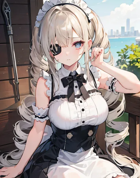 1girl,silver-blonde twin drills ,hair over one eye,eyepatch,sitting at the top of the deck,maid