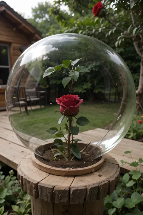 glass sphere that is protecting a single red rose, Super pretty and bright in the garden of a cabin in nature