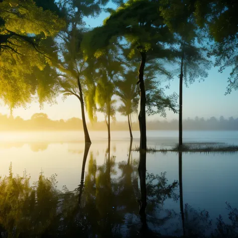 trees in the water are covered with moss and are reflected in the water, a matte painting by roger deakins, flickr, land art, foggy swamp, swampy atmosphere, swamps, scene from louisiana swamps, misty swamp, louisiana swamps, artistic swamp with mystic fog...