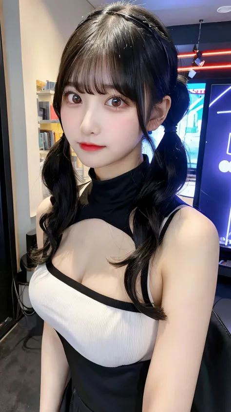 A young woman with big breasts, wearing black hair in twin tails and revealing her chest, is a game streamer.