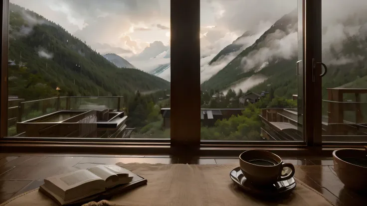 A stunning rainy scene at a mountain penthouse with a cup of coffee. Its raining outside. The image, most likely a photograph, captures the tranquility and beauty of the moment perfectly. The cozy penthouse exudes a welcoming glow, with wisps of smoke risi...