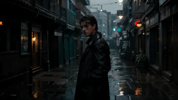 Caucasian Angel, shrouded in shadow, standing under a rain-soaked alleyway, wearing a long, vintage black trench coat. He glances up, brooding, with water dripping from his medium cut dark hair, his eyes reflecting moonlight. The alley has neon lights flic...