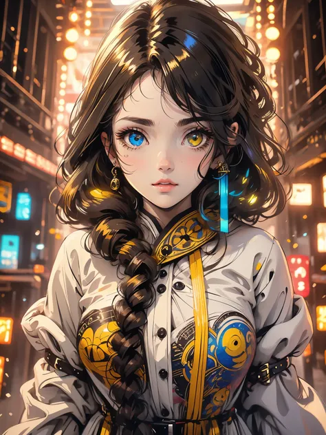 dark brown curly haired white girl, betrayed , eyes with heterochromia where one eye is blue and the other yellow, hair covering part of the face, thick shiny lips,