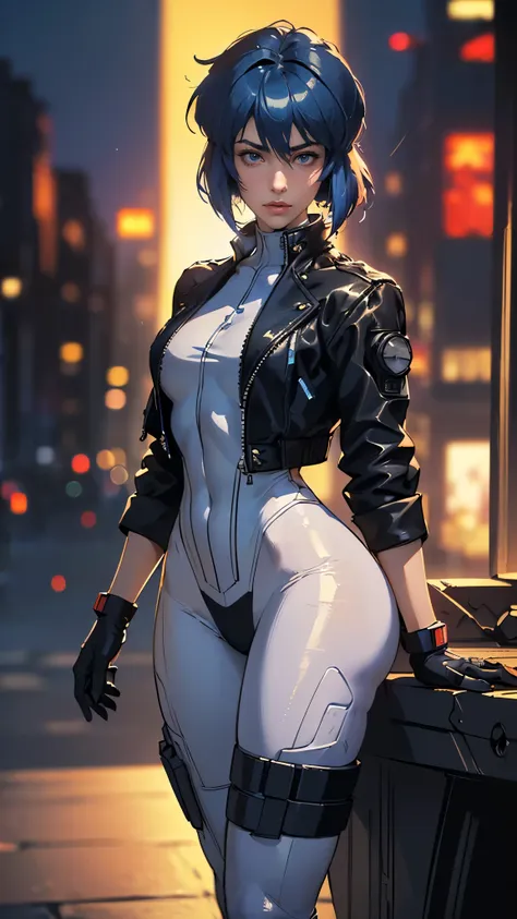 (a woman),(kusanagi motoko:1.5),(((special forces women standing:1.5))),((white tactical high leg bodysuit:1.5)),((black jacket:...