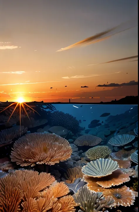 waterline style, beautiful coral reef, golden hour, sunrise