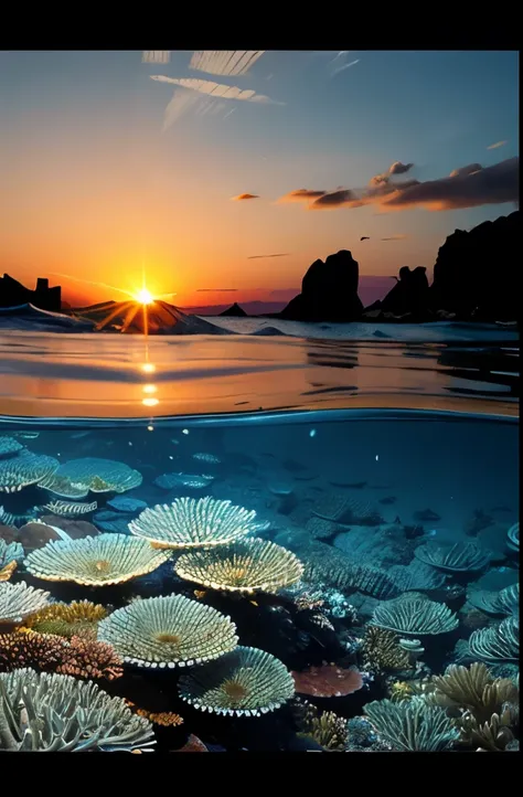 waterline style, beautiful coral reef, golden hour, sunrise