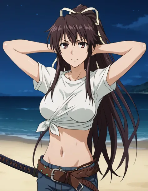 kaori kanzaki, solo, long hair, looking at viewer, ribbon, breasts, asymmetrical clothes, ponytail, katana, very long hair, tied shirt, belt, denim, navel, shiny skin, high quality, closed mouth, looking at viewer, showing armpit, looking at viewer, solo, ...