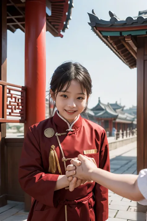 Artificial intelligence shakes hands with children，The child holds the five-star red flag in his other hand，They smile at each other，Blurred Chinese red and Chinese architecture