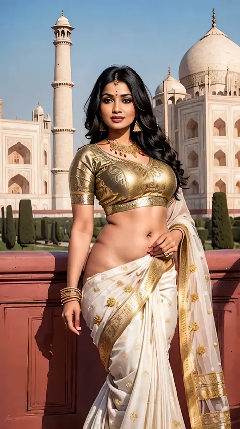 Create a captivating scene with a 40-year-old Indian woman actress meena look a like, resplendent in a saree and adorned with smokey bridal makeup, standing gracefully outside the iconic Taj Mahal. Envision the majestic Taj Mahal as the breathtaking backdr...