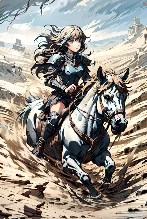 ((best quality)), ((anime masterpiece)), (high detailed), 8k, cinematic lighting, perfect face, a young female knight riding a h...