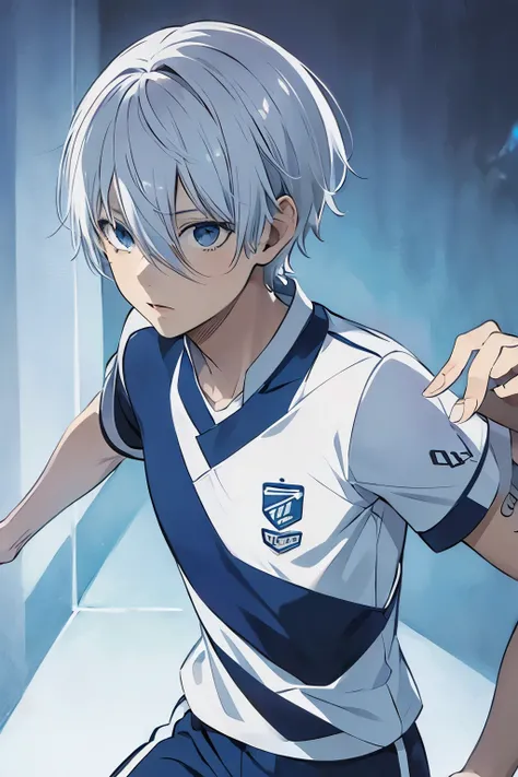 Nagi Seishiro playing soccer epically while his eyes are in a state of flux with an aura of death surrounding him in silver and light blue. ,About that, He wears the Santos uniform from his respective manga (blue lock)