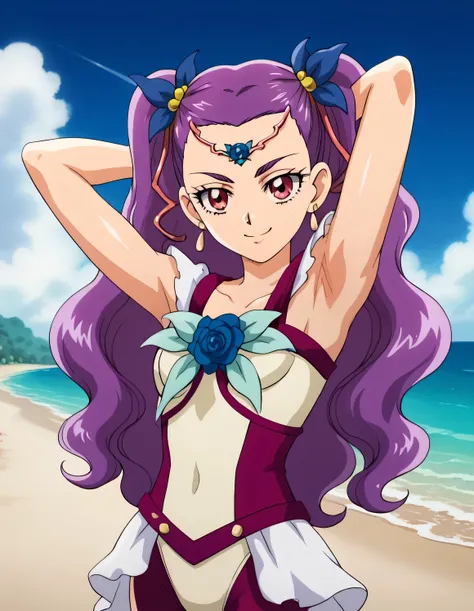 milkyrose, shiny skin, high quality, closed mouth, looking at viewer, showing armpit, looking at viewer, solo, {contrapposto}, spread armpit, arms behind head, smile, looking at viewer, cowboy shot, closed mouth, night sky, beach, best quality,
