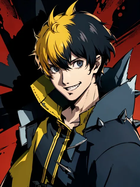 Black haired anime boy, dark eyes, grin, yellow coat, ((spiky hair)), long hair