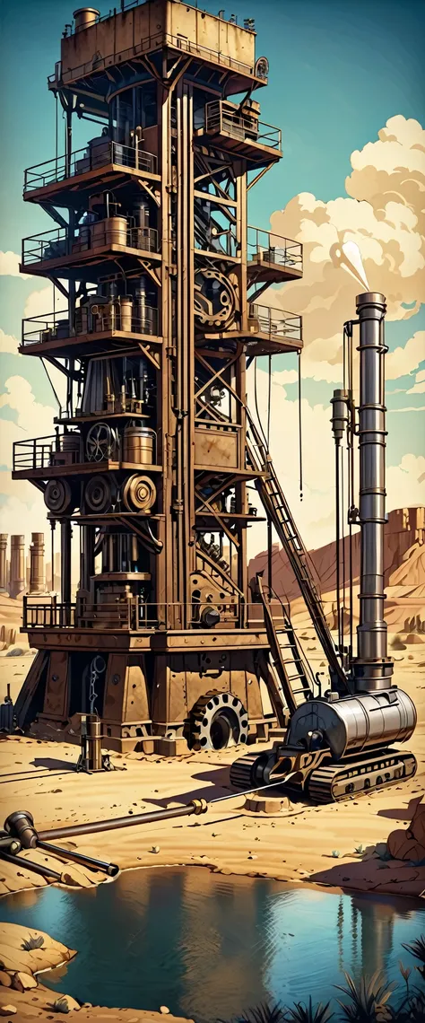 huge well digging machine, tower, swinging digging rod, gears, steam, piston cylinder, ancient retro technology, desert background, seeping water