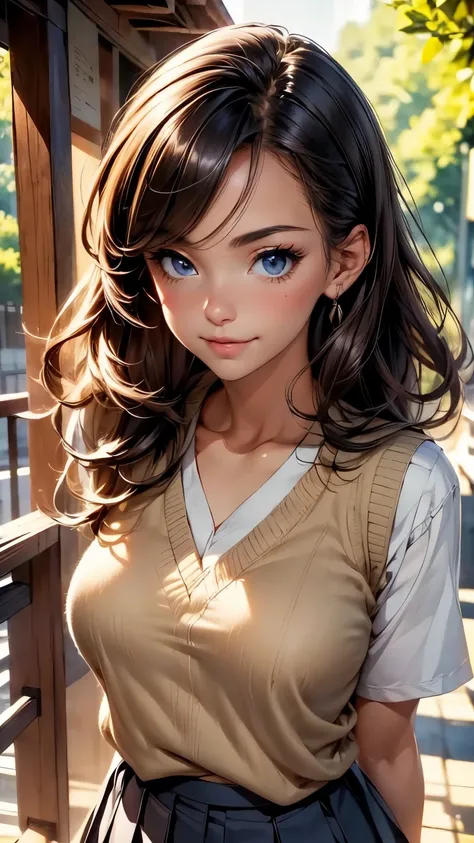 (realistic, realistic), (masterpiece, highest quality), (beautiful illustration), (natural lighting, cinematic lighting), (looking at you), (face in focus, upper body), front, one girl, (perfect face), cute symmetrical face, (shiny skin), (bob hair, brown ...