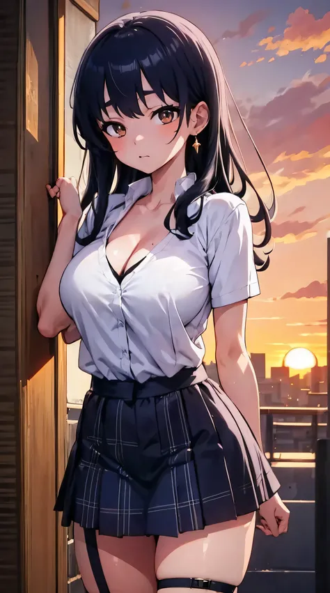 Yamada Anna, masterpiece, Best quality, 1 girl, 18 years, Big breasts, black hair, multicolored hair, bangs, one side up, long hair, brown eyes, hairclip, jewelry, earrings, medium breasts, gyaru, cleavage, collarbone, school uniform, white shirt, short sl...