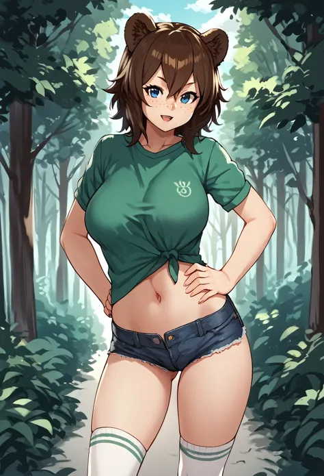 score_9_up, score_8_up, score_7_up, 1girl, solo, source_anime, hourglass figure, Big breasts, kemonomimi, bear ears, brown hair, short hair, messy_hair, blue eyes BREAK freckles, houtengeki style, green shirt, short sleeves, navel, denim shorts, high socks...